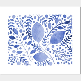 Blue watercolor leaves Posters and Art